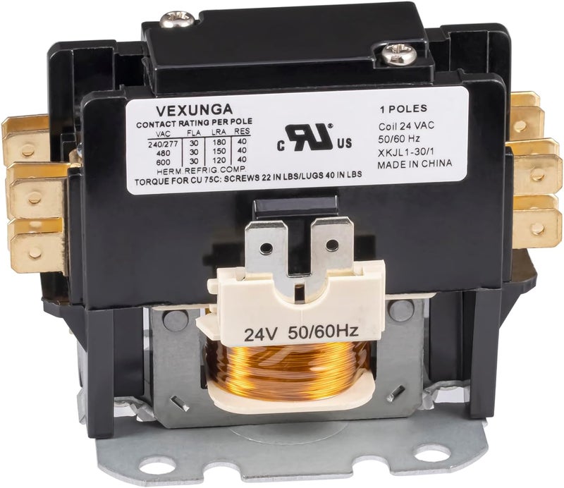 VEXUNGA 1 Pole 30 Amp 24 VAC Coil AC Contactor 1P 30A 24V 50/60Hz AC Motor Contactor Replacement for HN51KC024 Air Conditioner Compressor Condenser Unit Contactors - Image 1